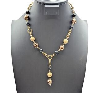 Gold Tone Animal Print Black Gold Textured Bead Y-Drop 16.5"-19.5" Necklace